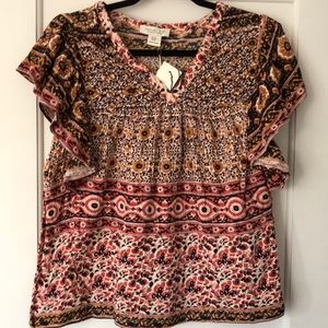 Rachel Zoe size medium Boho/Aztec flutter sleeve. 100% cotton. V‎ neck. NWT